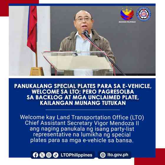 LTO welcomes bill proposing &ldquo;special&rdquo; plates for EVs image