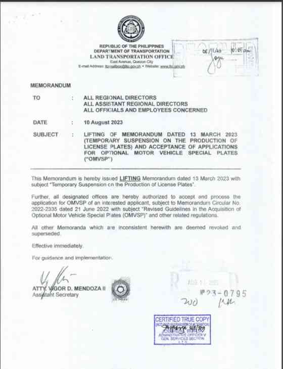 LTO: plate production back in business, requests for special plates OK'd image