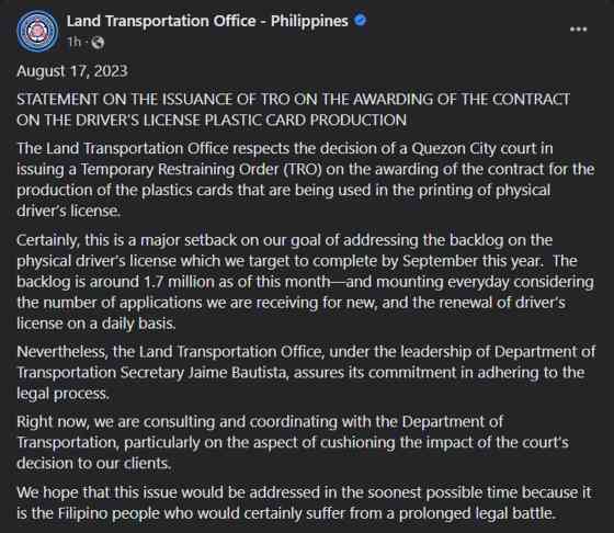 QC Court issues TRO on driver&rsquo;s license supplier contract image