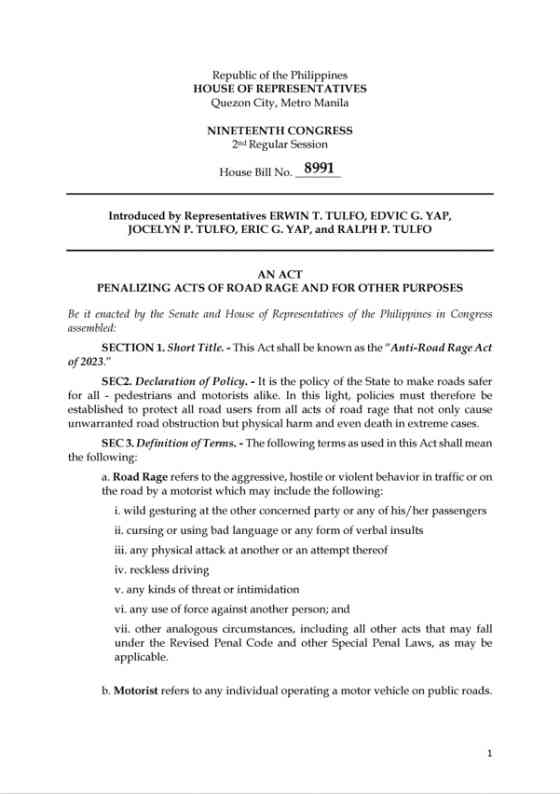 Anti-Road Rage law filed in Congress image