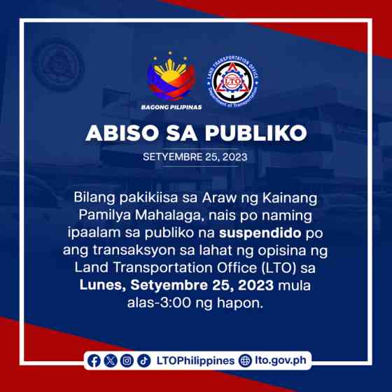 LTO to suspend operations at 3 PM today, Sept 25 image