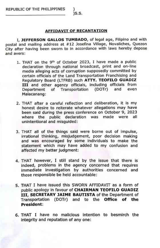 Allegations against LTFRB Chief Guadiz III recanted by witness image