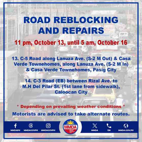 DPWH to conduct road reblocking in 16 Metro areas tonight image