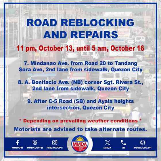 DPWH to conduct road reblocking in 16 Metro areas tonight image