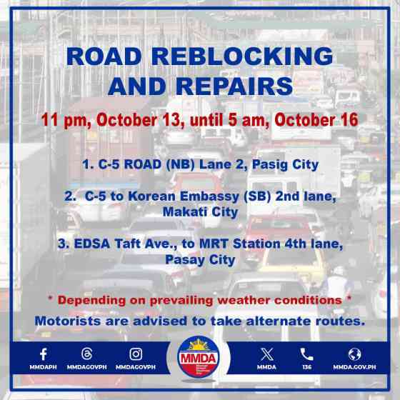 DPWH to conduct road reblocking in 16 Metro areas tonight image