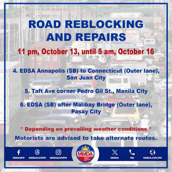 DPWH to conduct road reblocking in 16 Metro areas tonight image