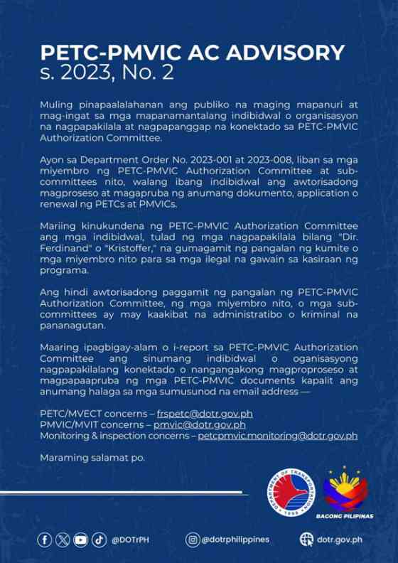 DOTr warns against fake reps of PETC-PMVIC Authorization Committee image