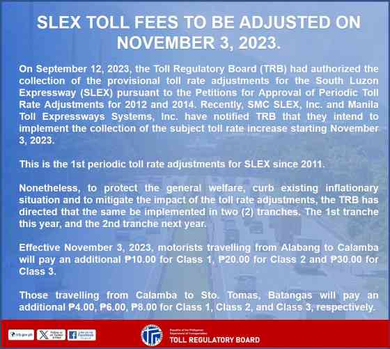 Heads up: SLEX toll rates to go up Nov 3, 2023 image