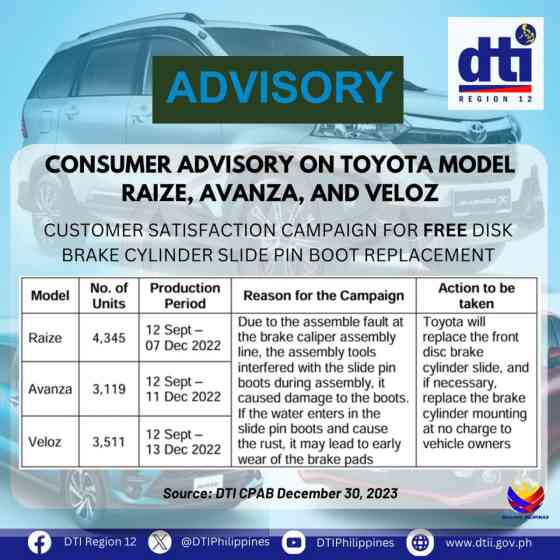 Brake Issue: Toyota PH has a recall for Avanza, Raize, Veloz image