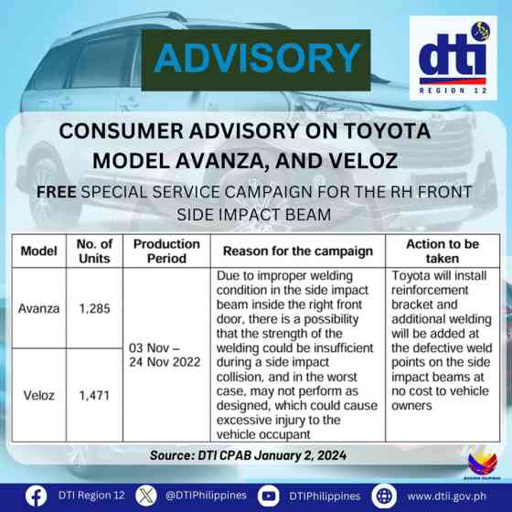 Side impact weld issue: Toyota PH has separate recall for Avanza, Veloz image