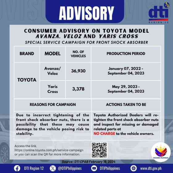 Toyota PH recalls Avanza, Veloz, and Yaris Cross for shock absorber issue image