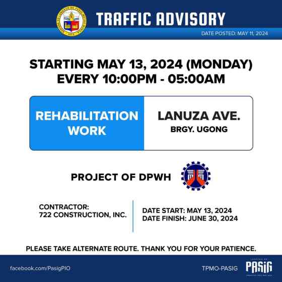 Lanuza Avenue Pasig road repair will begin today, May 13 image
