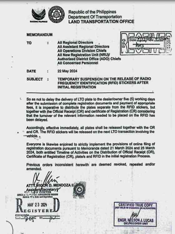 LTO suspends releasing of registration RFID stickers image