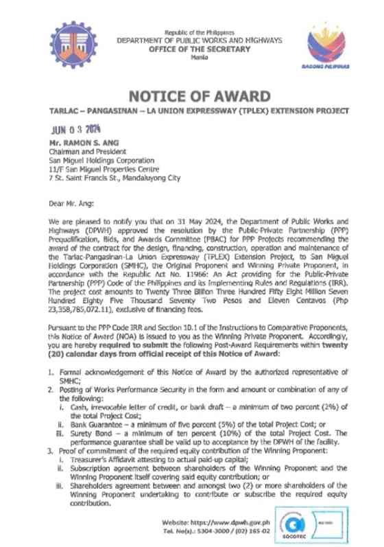 DPWH awards PPP to San Miguel for TPLEX Extension Project image