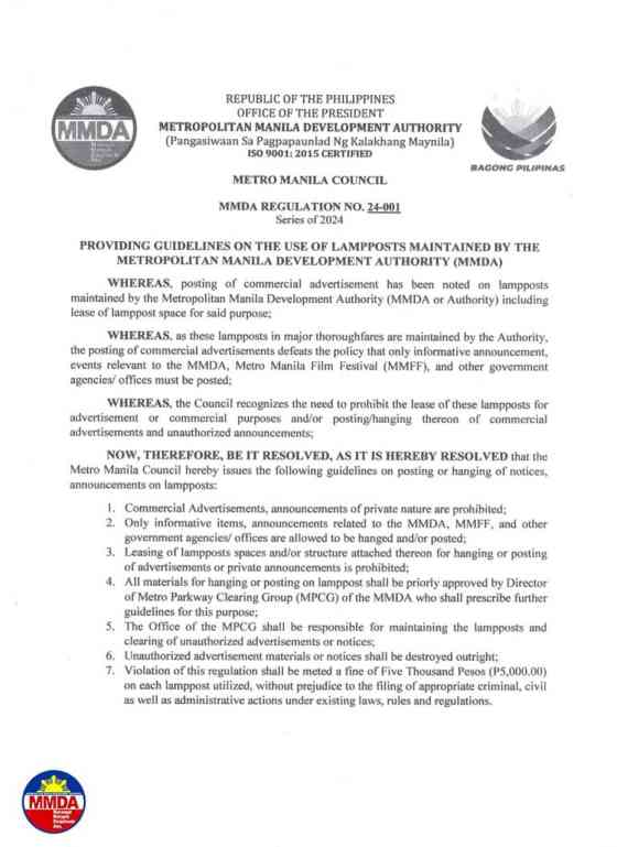 MMDA bans use of their lamp posts for commercial ads image