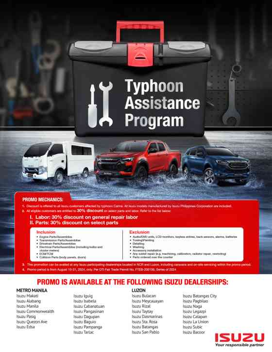 Isuzu PH offering select parts, labor discounts for typhoon-hit vehicles image