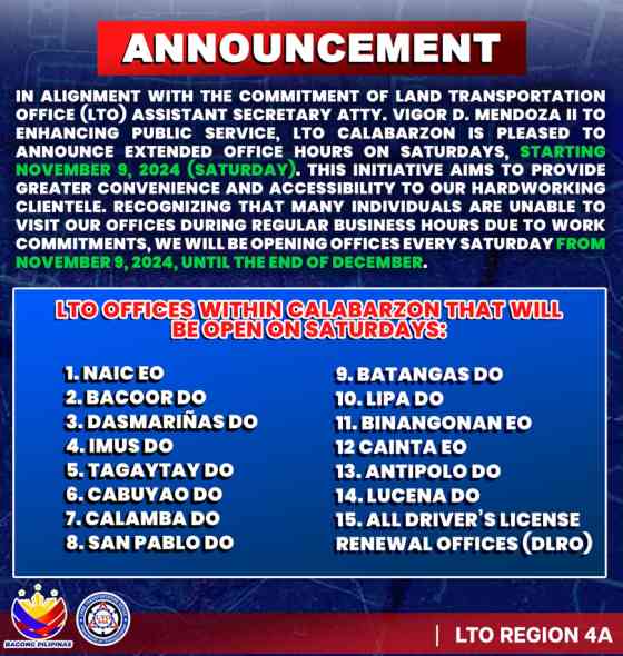 LTO branches in CALABARZON will be open on Saturdays of Nov-Dec image