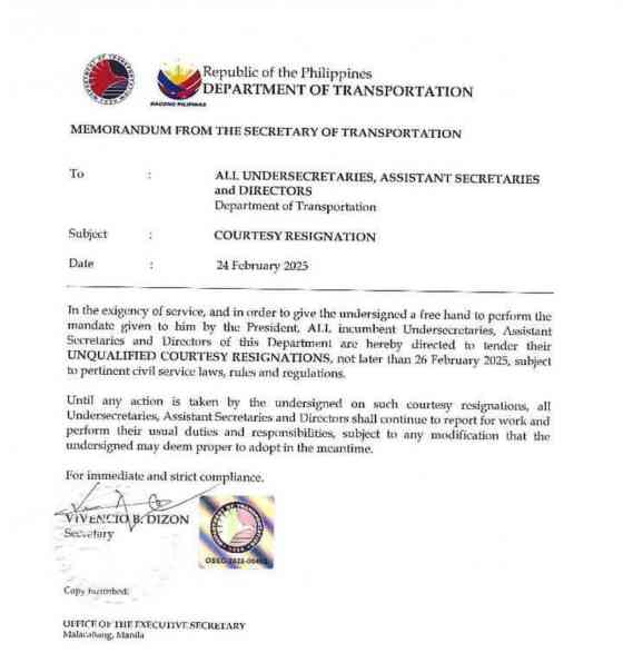 LTO, LTFRB not part of DOTr courtesy resignation memo image