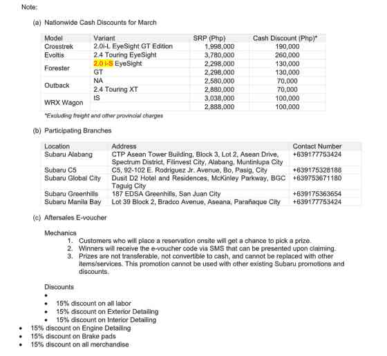 Subaru PH offering up to PHP 260K in discounts until March 23 image