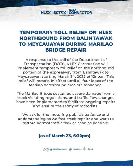 NLEX temporarily waives toll fees from Balintawak to Meycauayan image