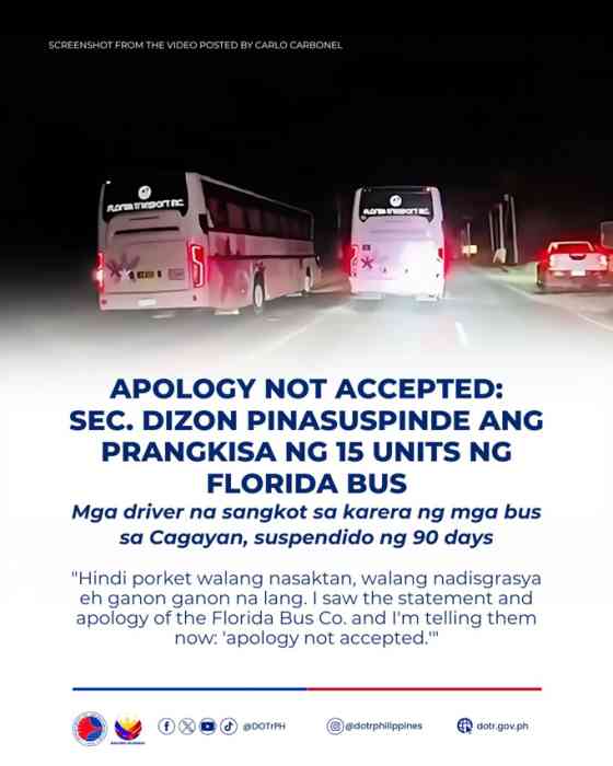 Drivers involved in bus racing in Cagayan, suspended by DOTr for 90 days image