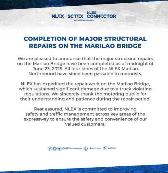 NLEX completes major structural repairs on Marilao Bridge image