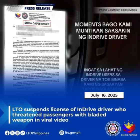 LTO suspends inDrive driver who threatened passengers with a knife image