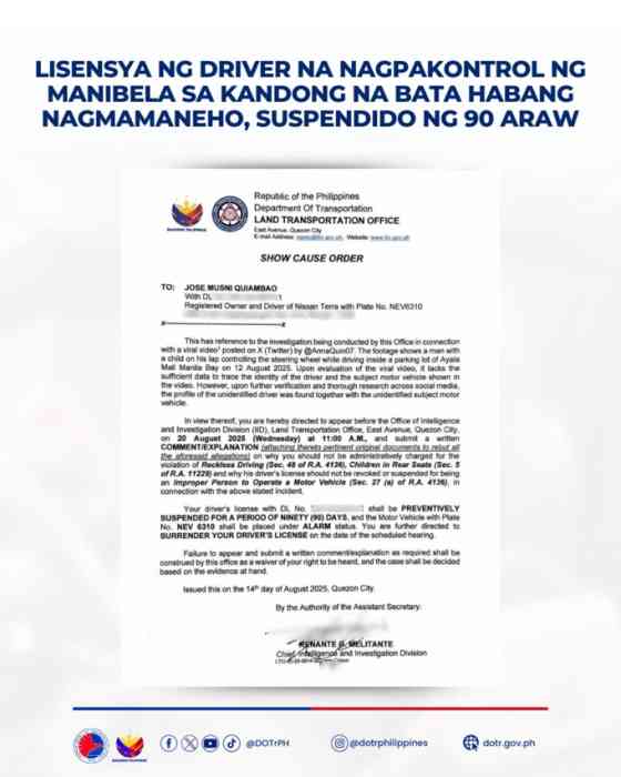 Letting a child drive? DOTr will slap you a 90-day driver’s license suspension Letting a child drive? DOTr will slap you a 90-day driver’s license suspension image