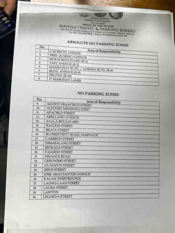 Manila lists No Parking/Absolute No Parking Zones across the city image