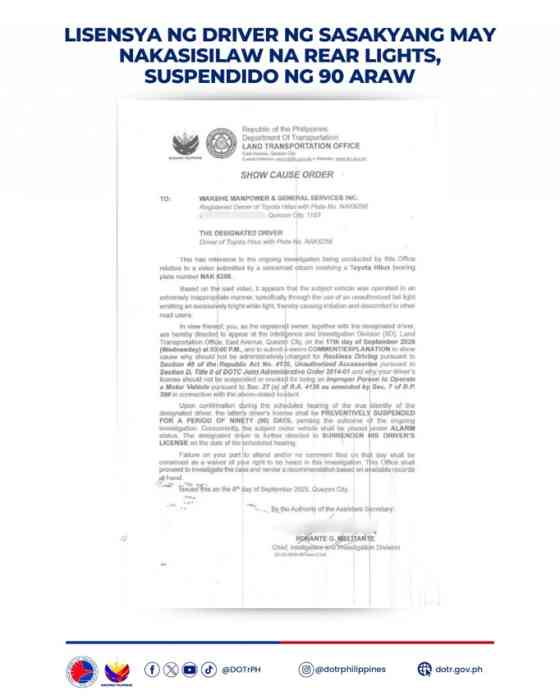 Driver with blinding tail lights suspended for 3 months image