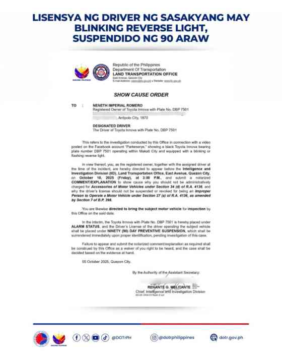 DOTr orders the 90-day license suspension of driver with blinking lights image