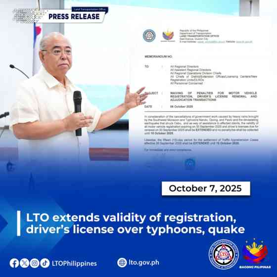 LTO extends registration, license validity to Oct. 15 amid recent calamities image