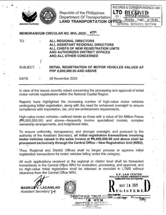 LTO: PHP 6 million-up vehicles can only be registered at Central Office image