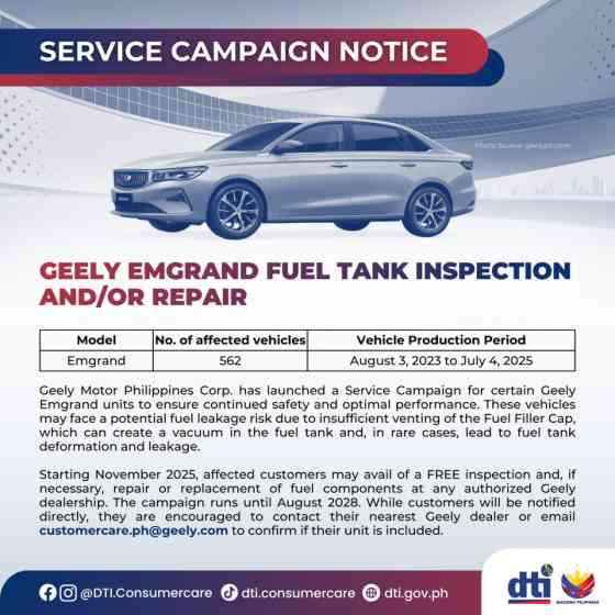 Geely PH recalls 562 units of Emgrand sedan due to fuel tank issue image