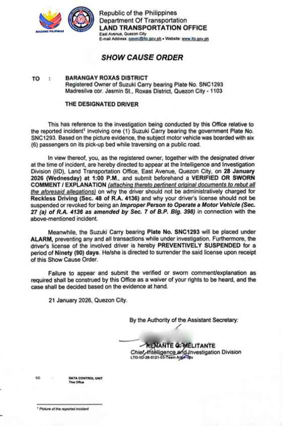 LTO summons government vehicle driver for carrying passengers on pickup bed image