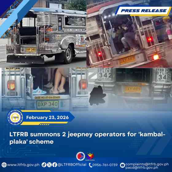 LTFRB issues SCOs on two jeepney operators over &lsquo;kambal plaka&rsquo; scheme image