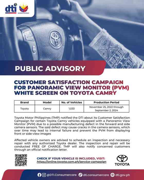 1,033 Toyota Camry units recalled in PH due to panoramic camera issue image