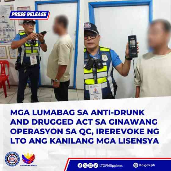LTO revokes licenses of motorists for failing DUI testing image
