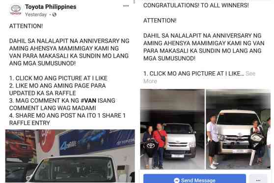 Toyota PH warns against fake Facebook pages giving free prizes, discounts  image