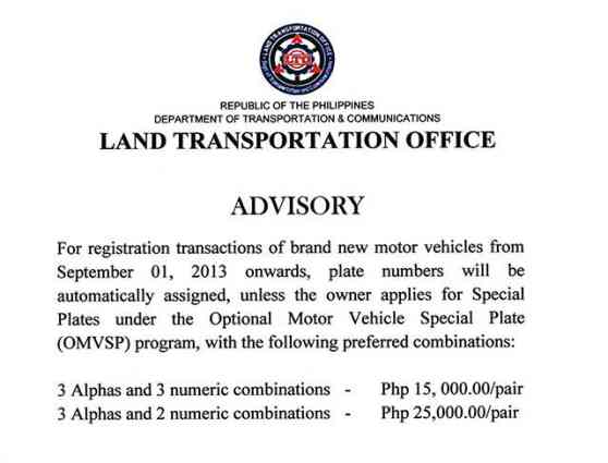 LTO advisory assures plate availability, requires payment for choice of plate end digit image