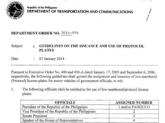 DOTC issues new rules for Protocol Plates of government officials  image
