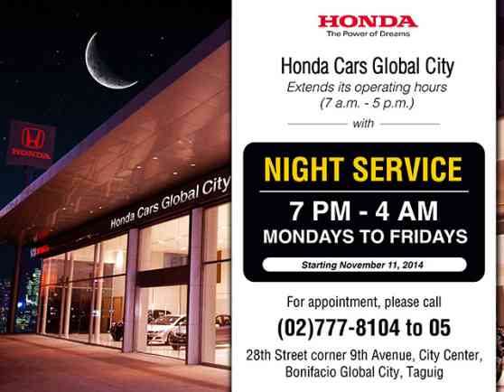 Honda Cars Global City now offering overnight servicing image