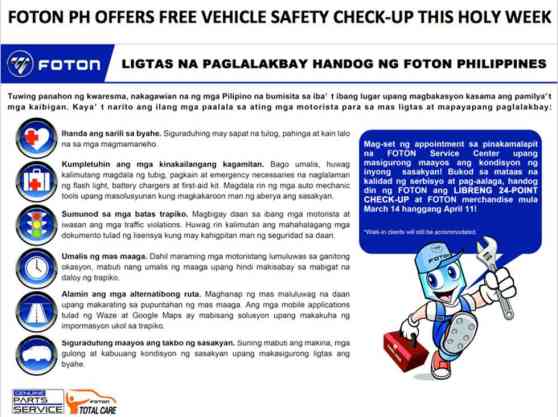 Foton Philippines offering free vehicle check up this Holy Week image