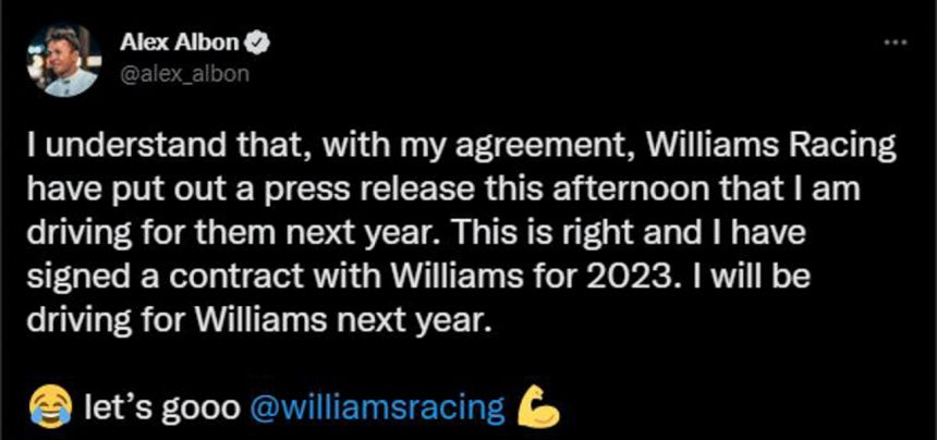 Alex Albon confirms he's racing with Williams in 2023 image