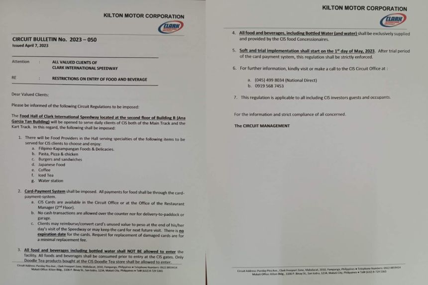 Clark International Speedway bans outside food, drinks and water image