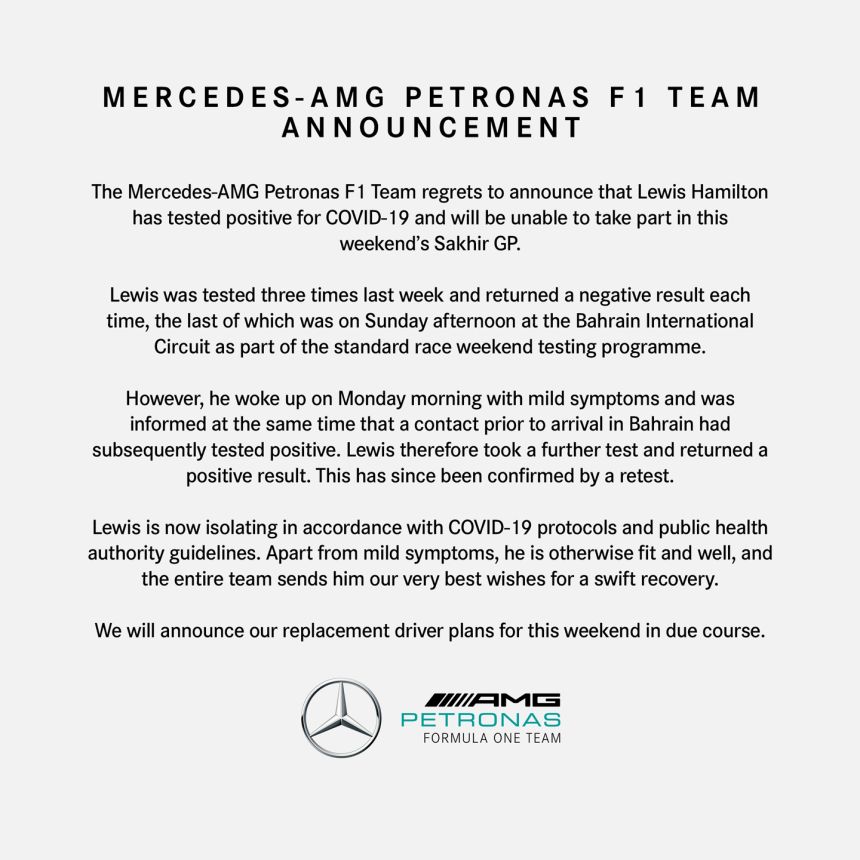 Lewis Hamilton out of Sakhir Grand Prix after positive COVID-19 test image