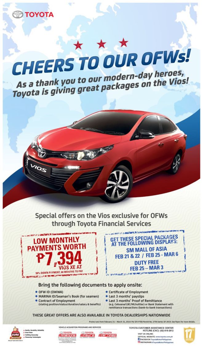 OFWs can now avail of special financing packages for the Toyota Vios image