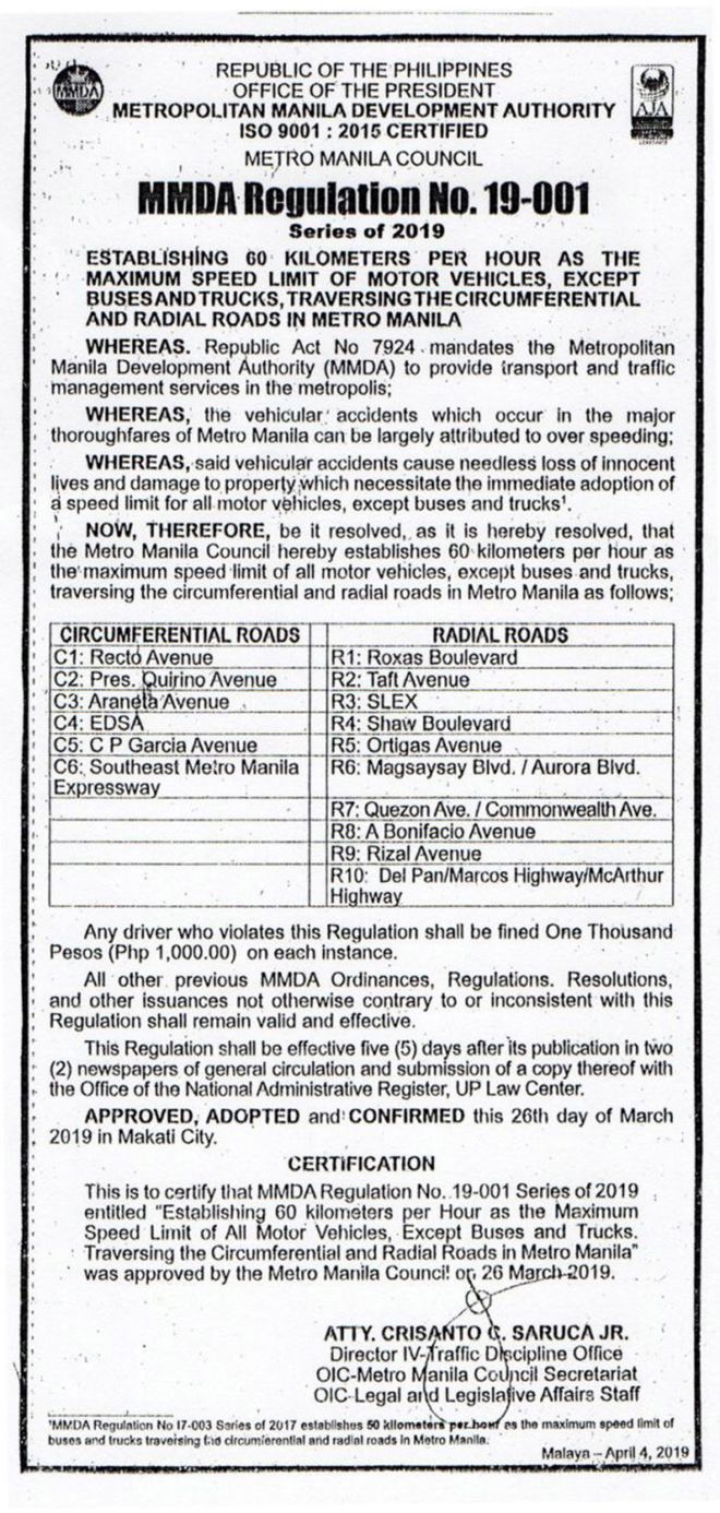 MMDA issues regulation on 60km/h speed limit in Metro Manila image
