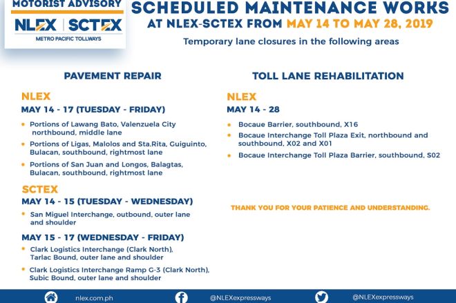 Heads up: NLEX, SCTEX to undergo lane repairs this May 14 &ndash; 17 image