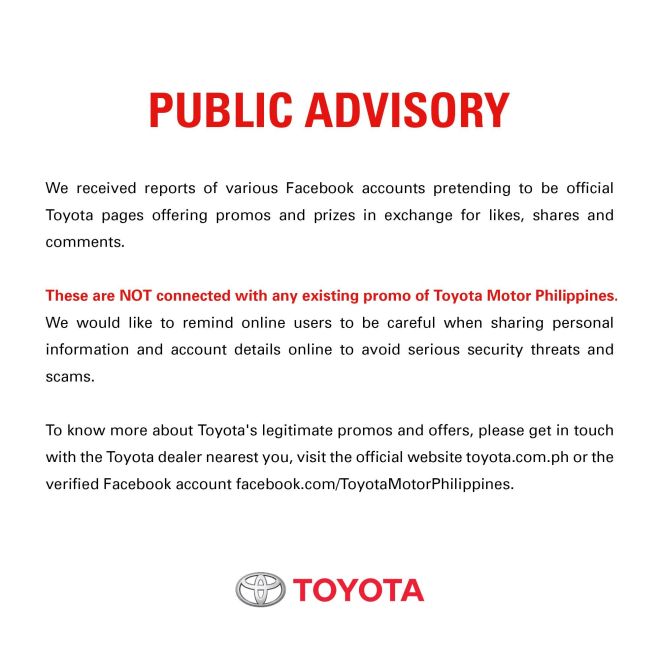 Toyota PH warns against fake Facebook pages giving free prizes, discounts  image